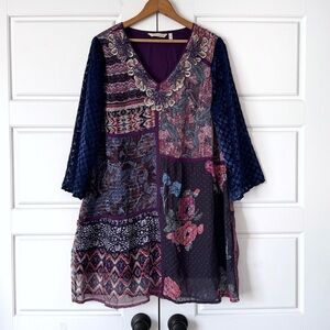 Soft Surroundings Patchwork Burnout Velvet Tunic Top Womens M Embroidered Beaded